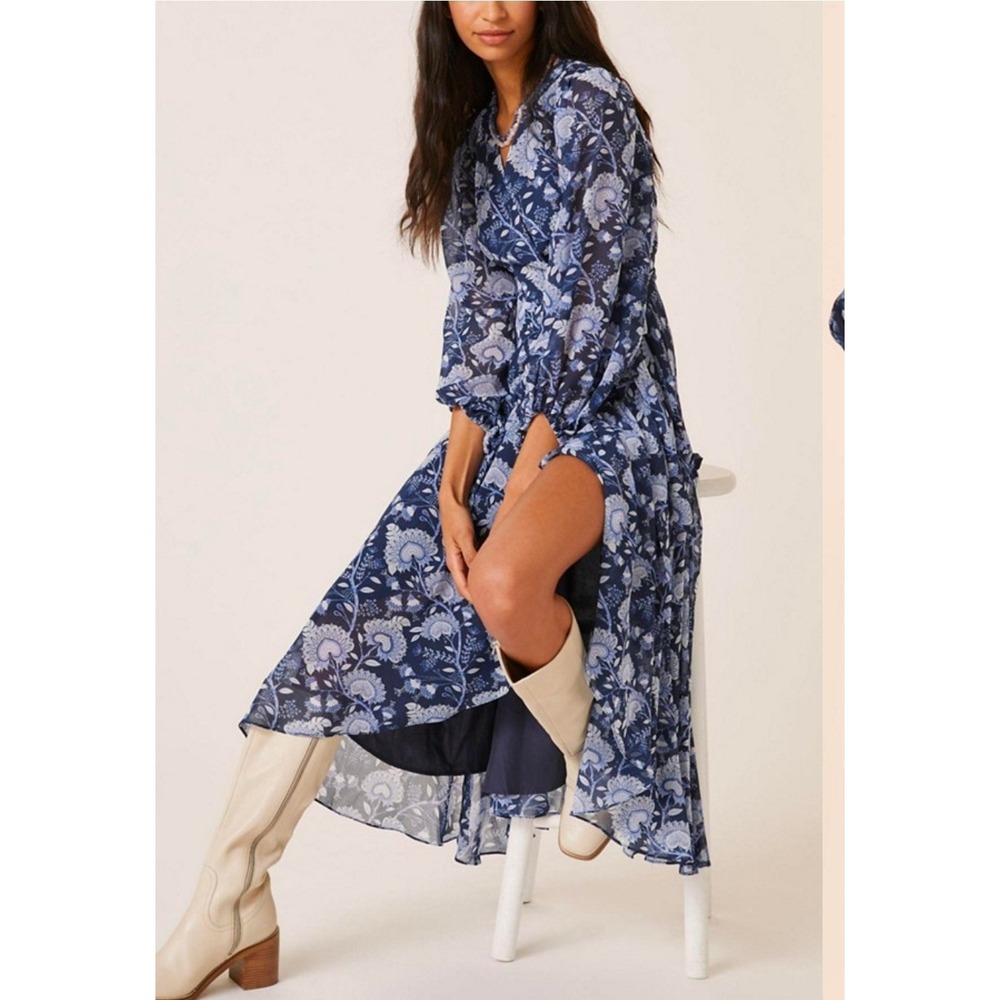 Hutch Navy Blue Floral Wrap Midi Dress Long Sleeve High Low Ruffle Hem Womens